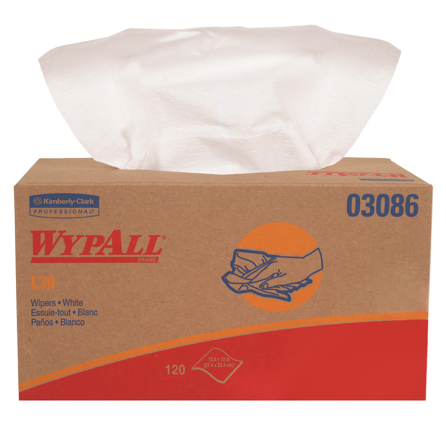 Kimberly-Clark 03086 Cleanroom Wipes, Wypall L30 DRC, Heavy Duty, Pop-up Box, White, 120/Box