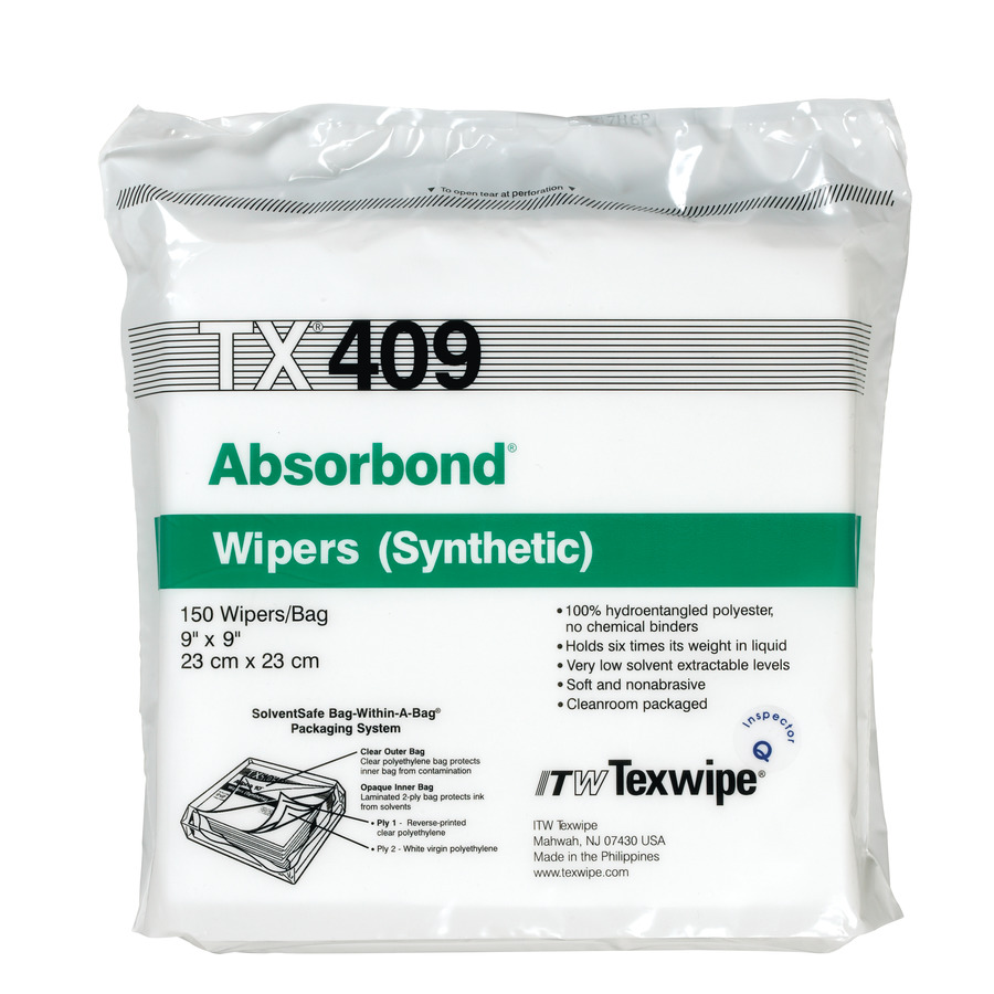 ITW Texwipe TX409 Cleanroom Wipes, Absorbond, Dry Nonwoven, 9"x9", 300/Bag