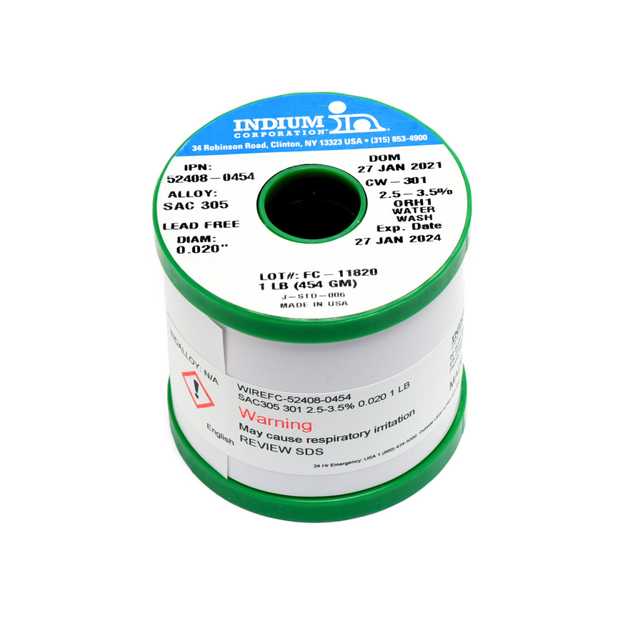 Indium Solder IND-52408-0454 CW-301, Sn96.5Ag3Cu.5 (SAC305), Water-Soluble Flux-Cored Wire Solder, 0.020"