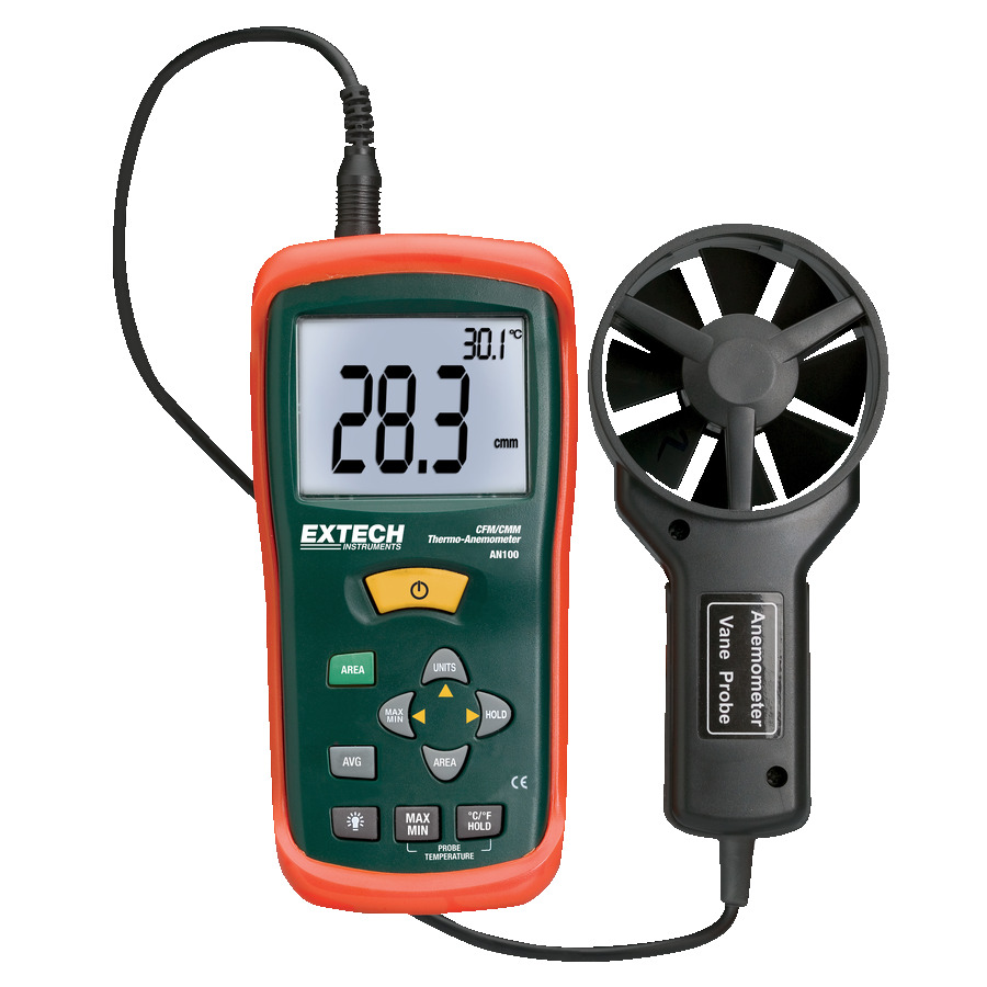 Extech AN100 Anemometer, CFM/CMM, Airflow/Temp, Compact, Large Display, Easy to Set, w/NIST