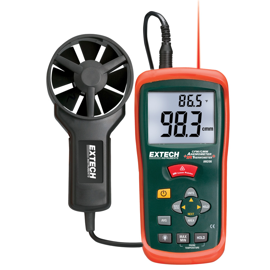 Extech AN200 Anemometer, CFM/CMM, IR Thermometer, Compact, Large Display, w/Limited NIST