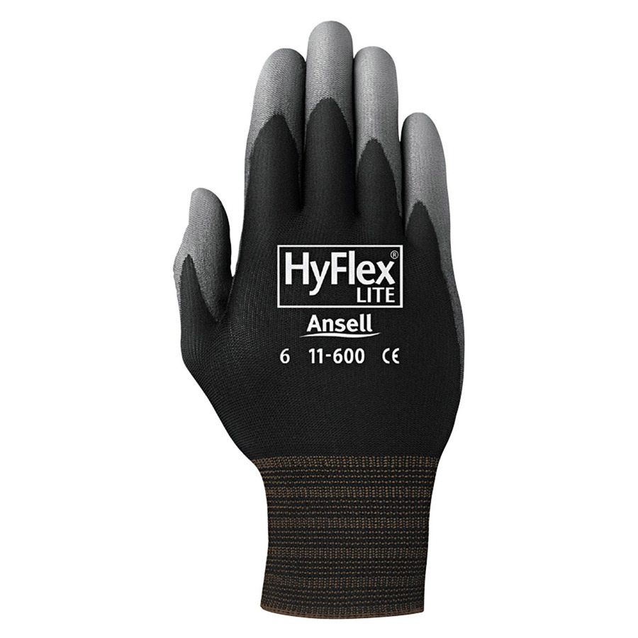 Ansell 11-600-10-BK Gloves, HyFlex Lite, Polyurethane Coating, Black/Gray, X-Large (10)