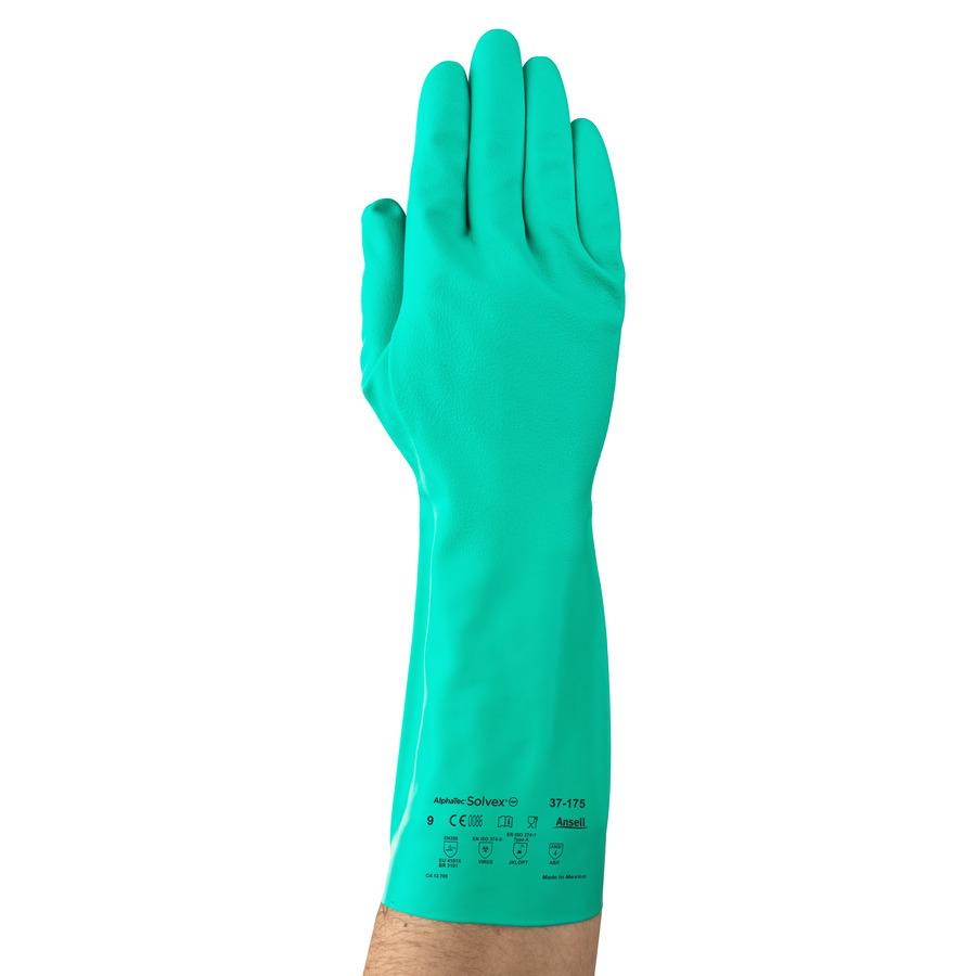 Ansell 37-175 Gloves, Sol-Vex Unsupported Nitrile Flock Lined, Green, Medium, 12 Pair/Pkg