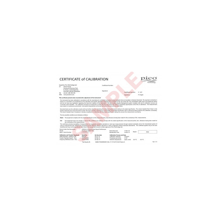 Pico Technology CC017 Calibration Certificate, For PicoScope 2000/3000/4000 (Excluding 4824/4444)