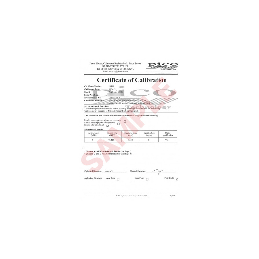 Pico Technology CC028 Calibration Certificate, PicoScope 4000A, 4824, 5000 And 6000 Series