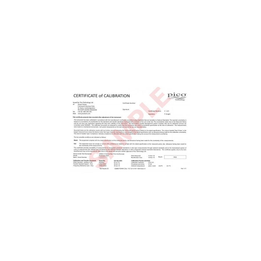 Pico Technology CC045 Calibration Certificate, For PicoScope 4444 Oscilloscope