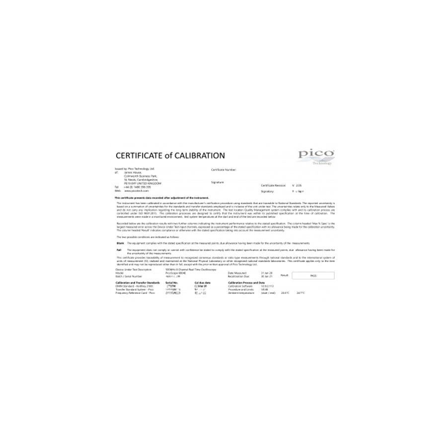 Pico Technology CC051 Calibration Certificate, PicoScope 6000E Series 300MHz/500MHz Oscilloscopes