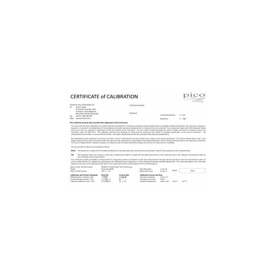 Pico Technology CC056 Calibration Certificate, PicoScope 6000E Series 750MHz/1GHz Oscilloscopes