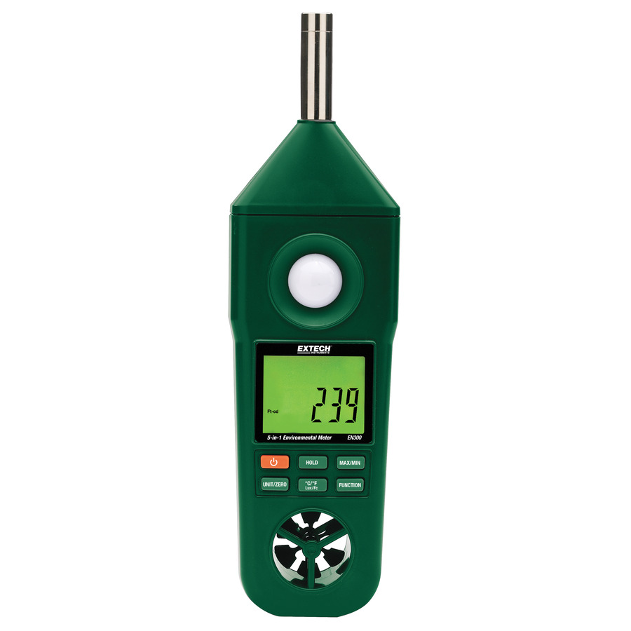 Extech EN300 Environmental Meter, 5-in-1, Hand Held, Humidity/Temp/Air Velocity/Light/Sound, w/Case