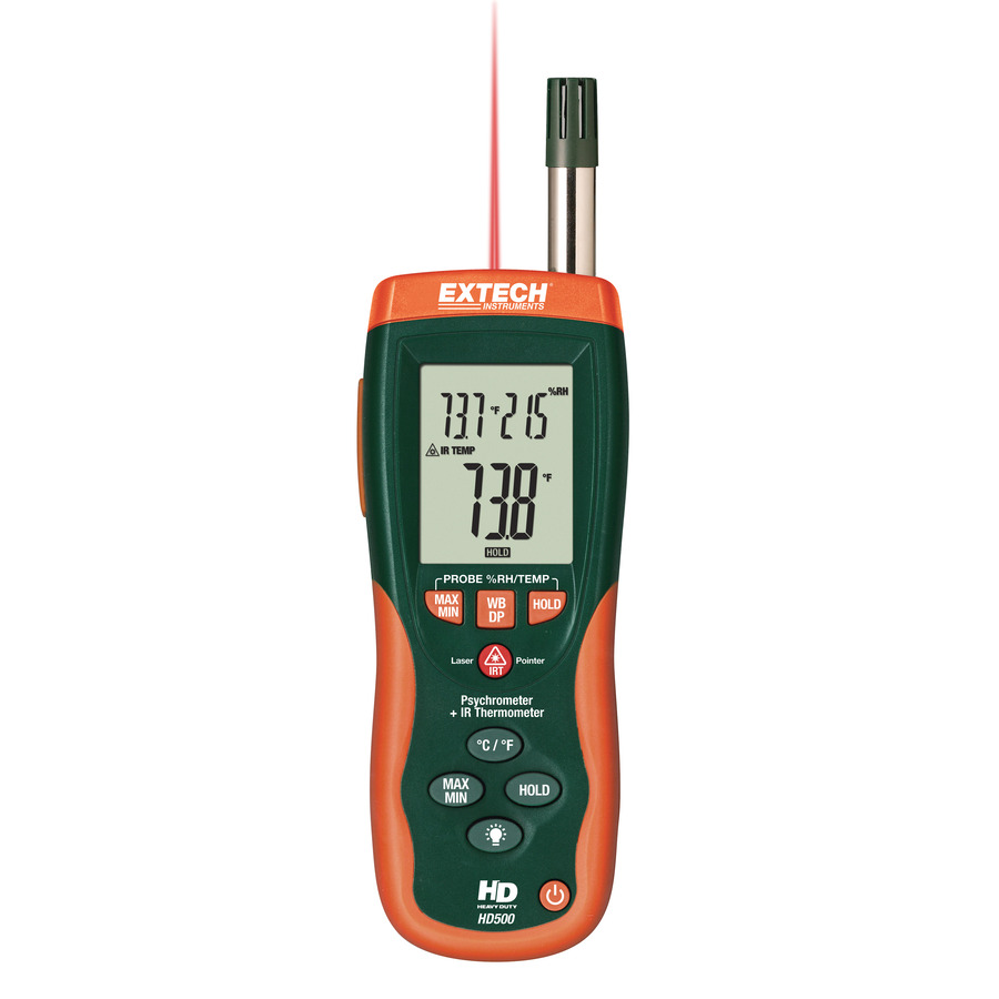 Extech HD500 Psychrometer, Infrared Thermometer, Type K, Large Display, 2% Accuracy, PC Software