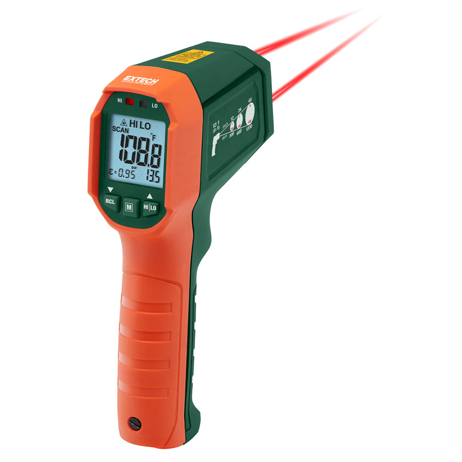 Extech IR320 Infrared Thermometer, Dual Laser, Waterproof, High/Low Alarm, Bright Display, w/Tripod