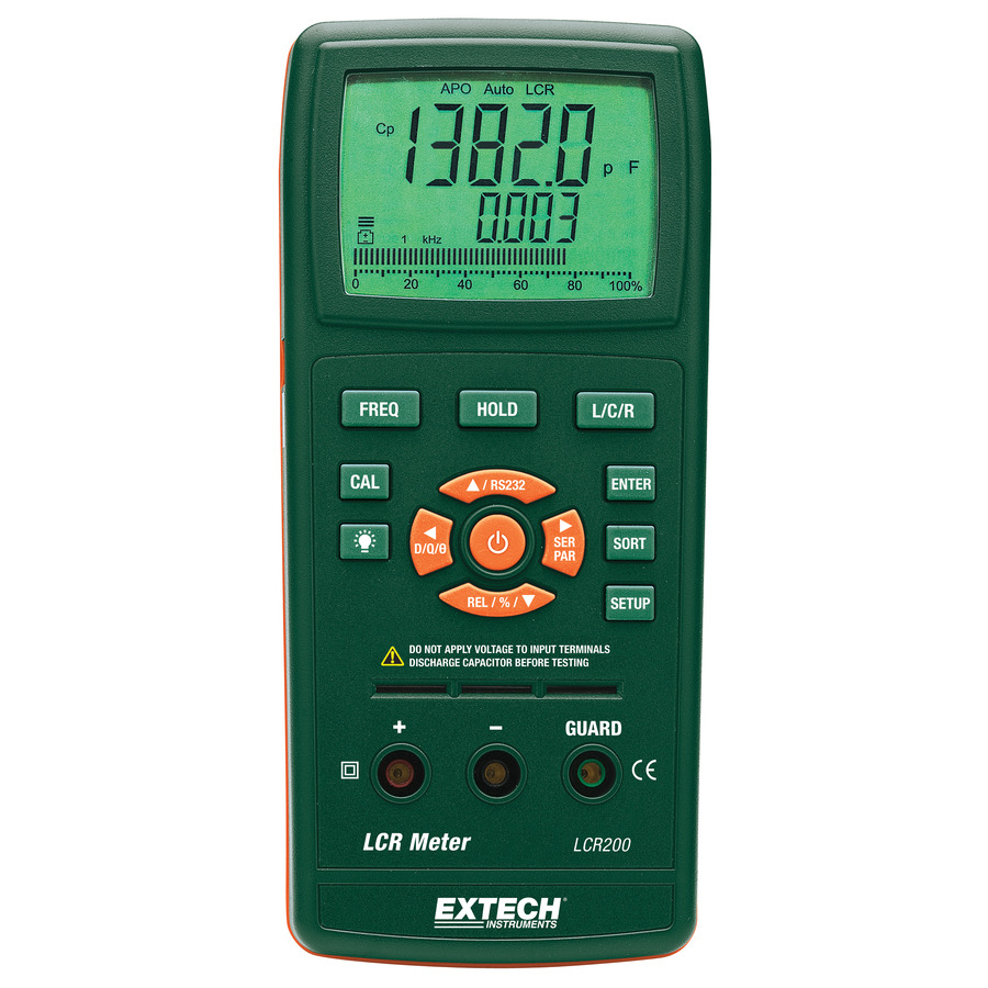 Extech LCR200 LCR Meter, Inductance/Capacitance/Resistance, Secondary Q/D/R/P/ESR, 5 Test Frequency