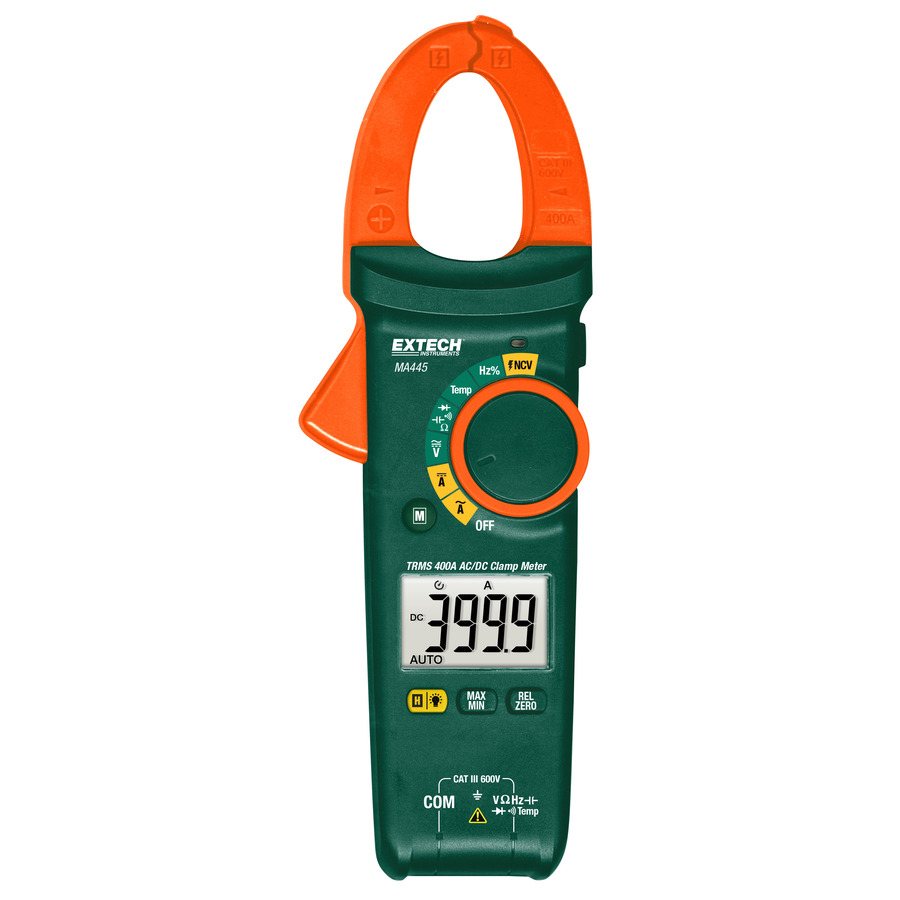 Extech MA445 Clamp Meter, AC/DC , Non-Contact Voltage Detector, Type K, True RMS, 400A, 1.2" Jaw