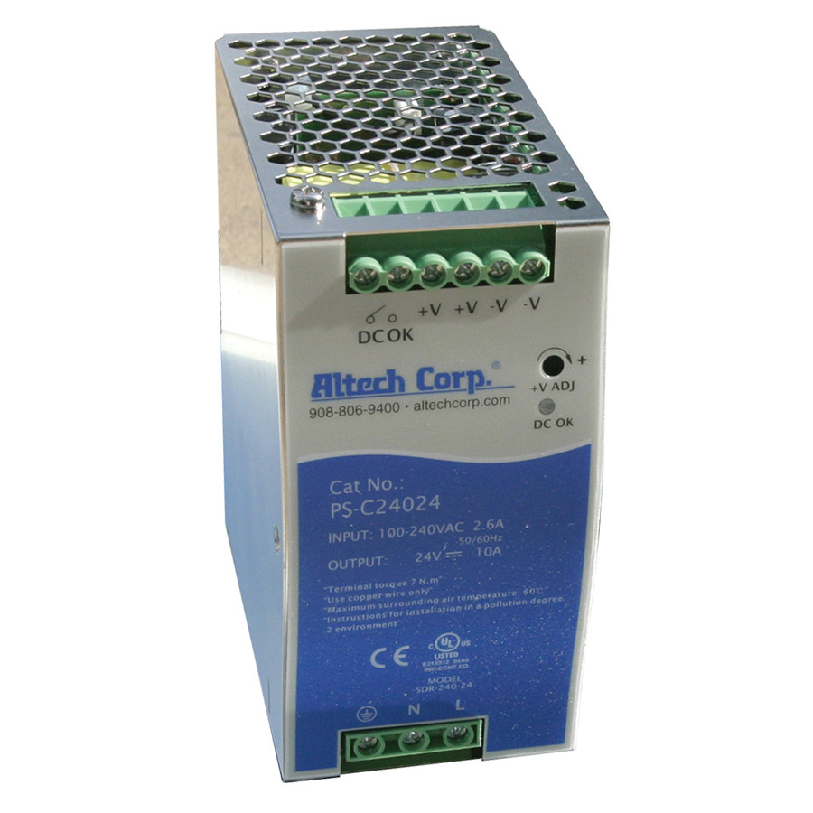 Altech PS-C24024 Power Supply, Narrow, Small Metal Housing, 10A, 120W - 480W Rated Power, Single And Two Phase Wide Input PS-C240 Series