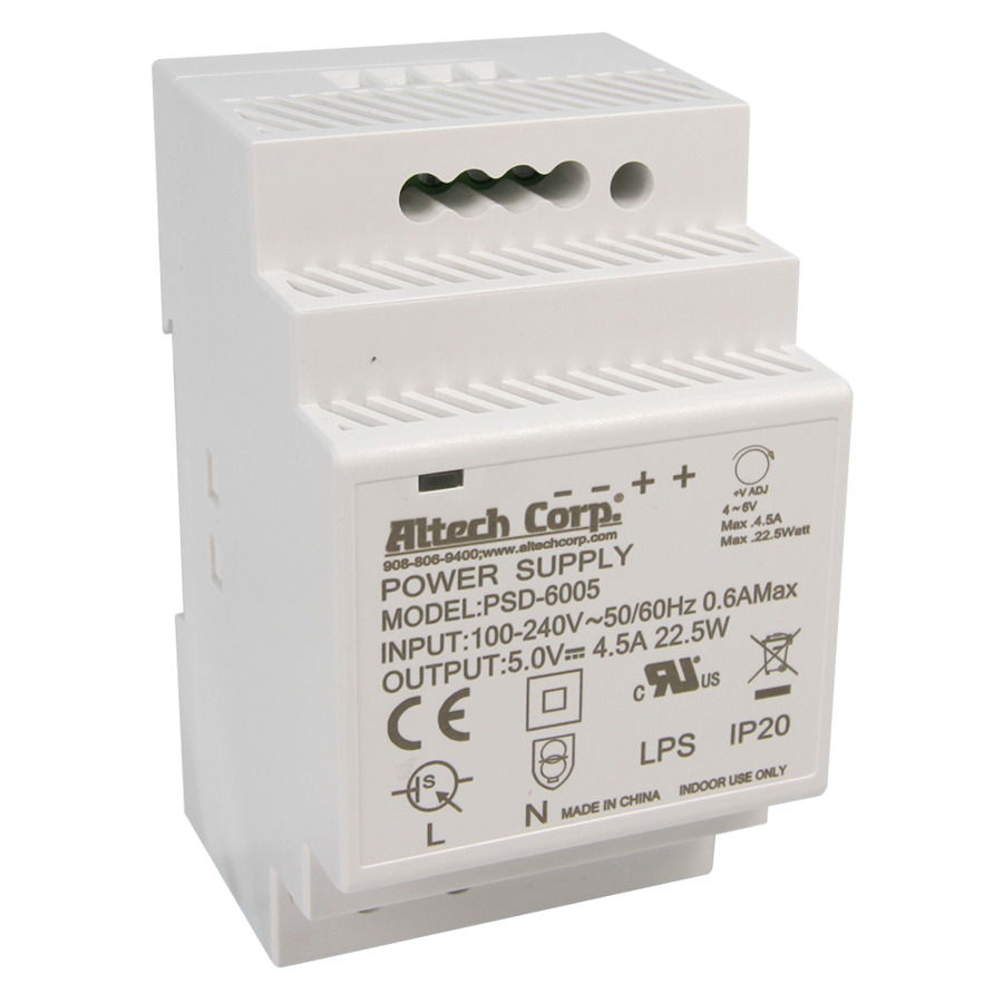 Altech PSD-6005 Power Supply, Din Rail, 60W, Univ 90-264VAC In, 5VDC Out, 4.5A, Cll, PSD Series