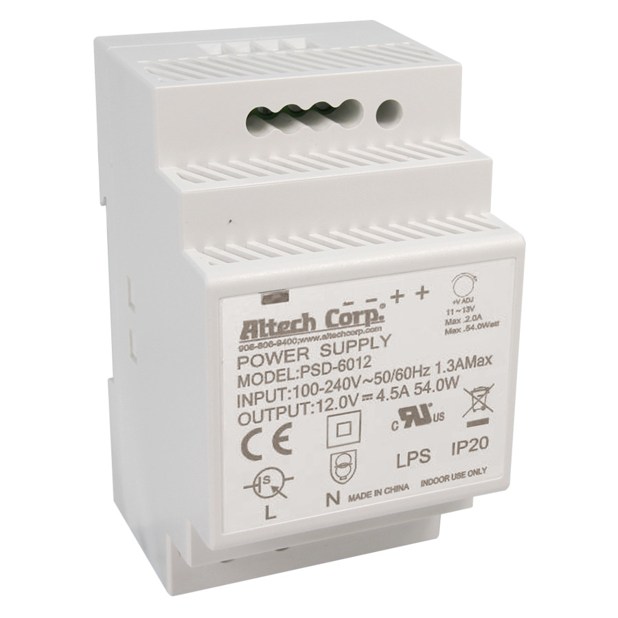 Altech PSD-6012 Power Supply, Din Rail, 60W, Univ 90-264VAC In, 12VDC Out, 4.5A, Cll, PSD Series