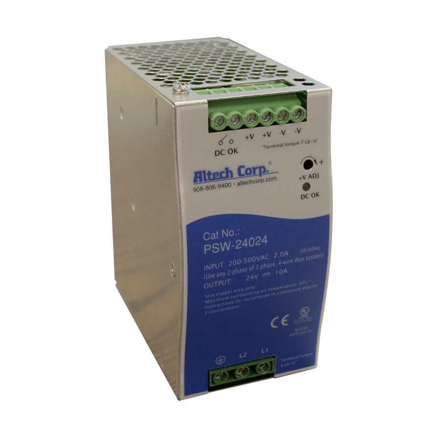 Altech PSW-24024 Power Supply, Narrow, Small Metal Housing, 10A, 120W - 480W Rated Power, Single And Two Phase Wide Input PSW-240 Series