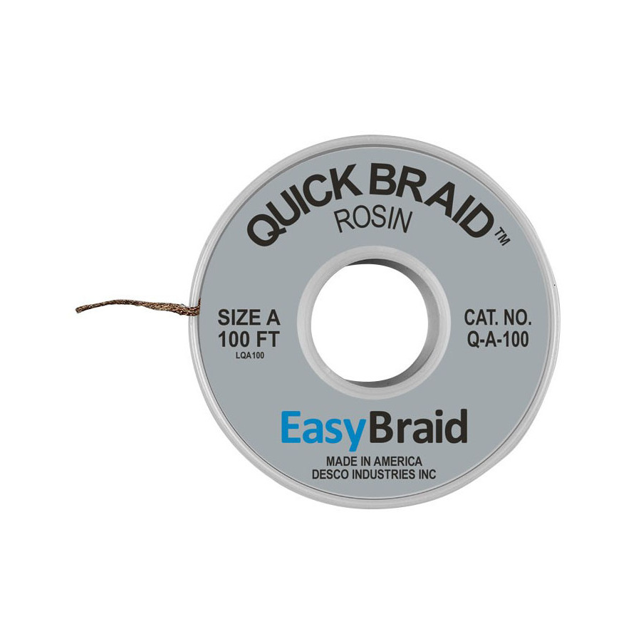 EasyBraid QA100 Solder Wick, Rosin, NoClean, 0.025"x100 ft, Size A, Gray Label TechniTool