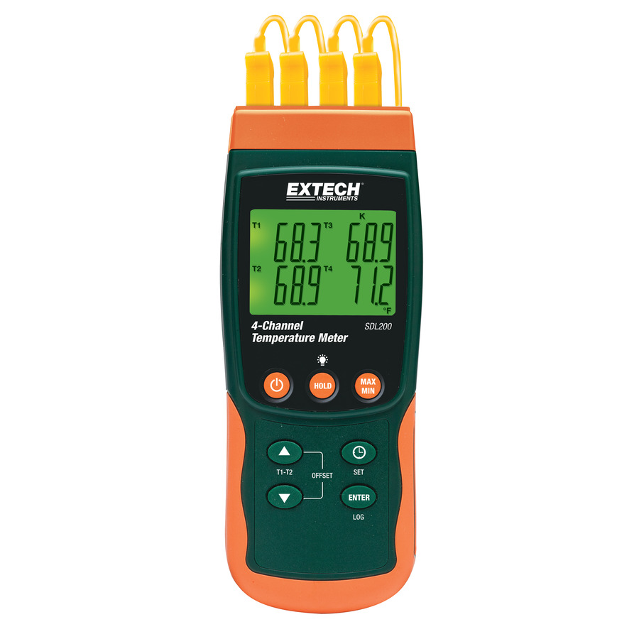 Extech SDL200 Datalogging Thermometer, 4 Channel, 6 Thermocouple Types, RTD Probes, SD Card, w/NIST