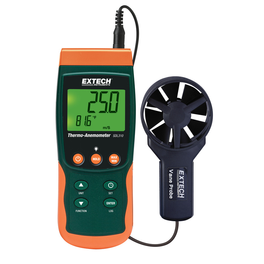 Extech SDL350 Anemometer, Hot Wire, CFM, Airflow/Temp, MIN/MAX Data, Telescoping Probe, SD Card