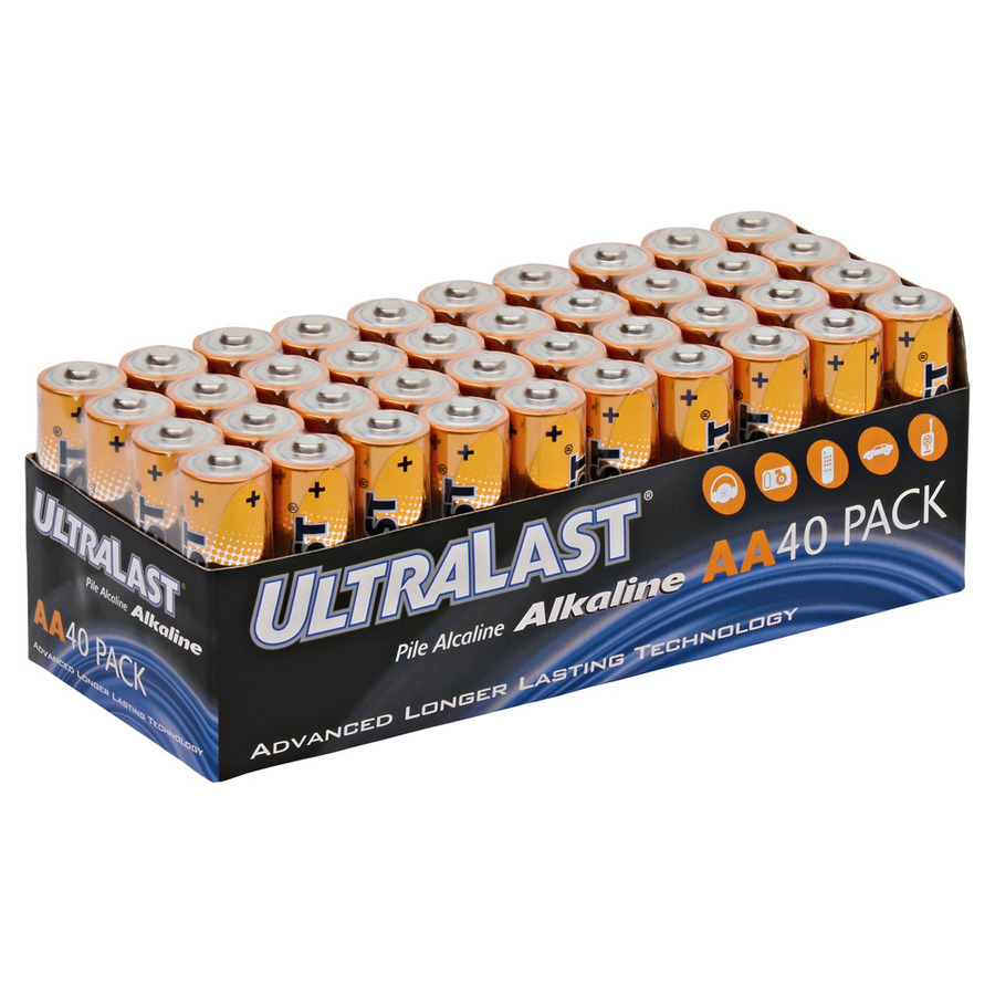 Ultralast UL40AAVP Household Battery, 1.5V, 2100 mAh Capacity, Alkaline, AA Size, 40/pk