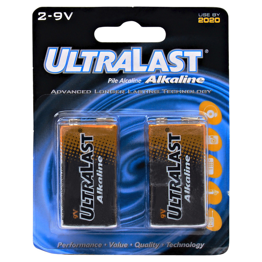 Ultralast ULA29V Household Battery, 9V, 550 mAh Capacity, Alkaline, 2/pk