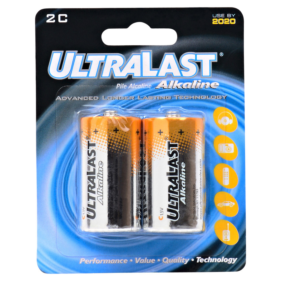 Ultralast ULA2C Household Battery, 1.5V, 8621 mAh Capacity, Alkaline, Size: C, 2/pk