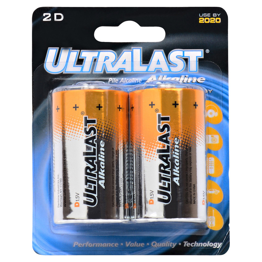 Ultralast ULA2D Household Battery, 1.5V, 12980 mAh Capacity, Alkaline, Size: D, 2/pk