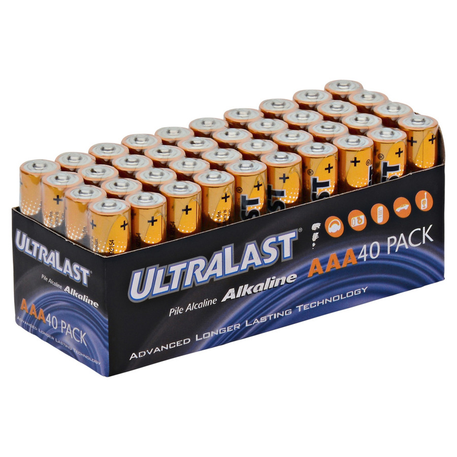 Ultralast ULA40AAAVP Household Battery, 1.5V, 850 mAh Capacity, Alkaline, Size: AAA, 40/pk