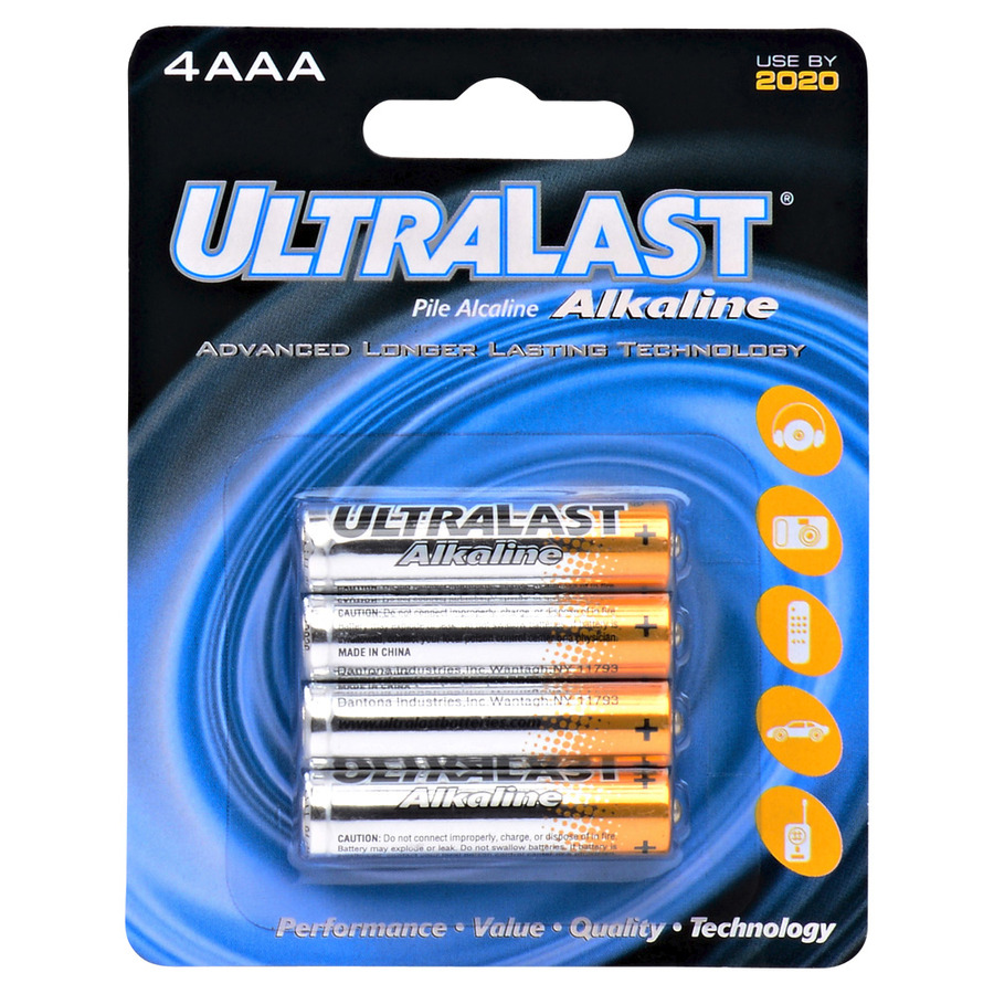 Ultralast ULA4AAA Household Battery, 1.5V, 850 mAh Capacity, Alkaline, Size: AAA, 4/pk