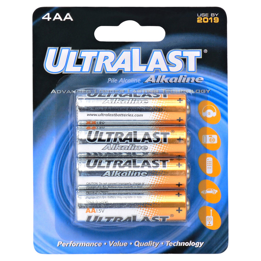 Ultralast ULA4AA Household Battery, 1.5V, 2200 mAh Capacity, Alkaline, Size: AA, 4/pk