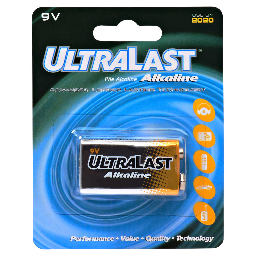 Ultralast ULA9V Household Battery, 9V, 550 mAh Capacity, Alkaline