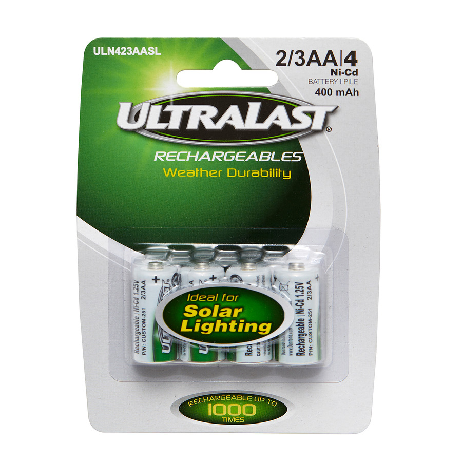 Ultralast ULN423AASL Solar Lighting Battery, 1.2V, Nickel Cadmium, Size: 2/3AA, 4/pk