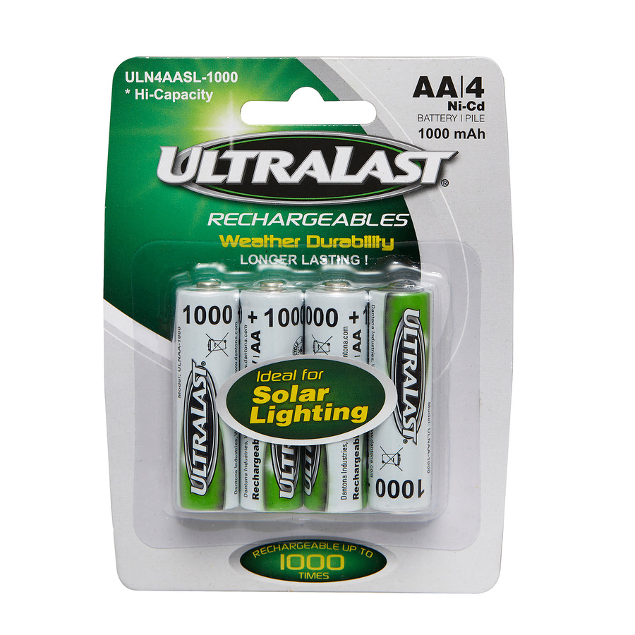 Ultralast ULN4AASL-1000 Solar Lighting Battery, 1.2V, Nickel Cadmium, Size: AA, 4/pk