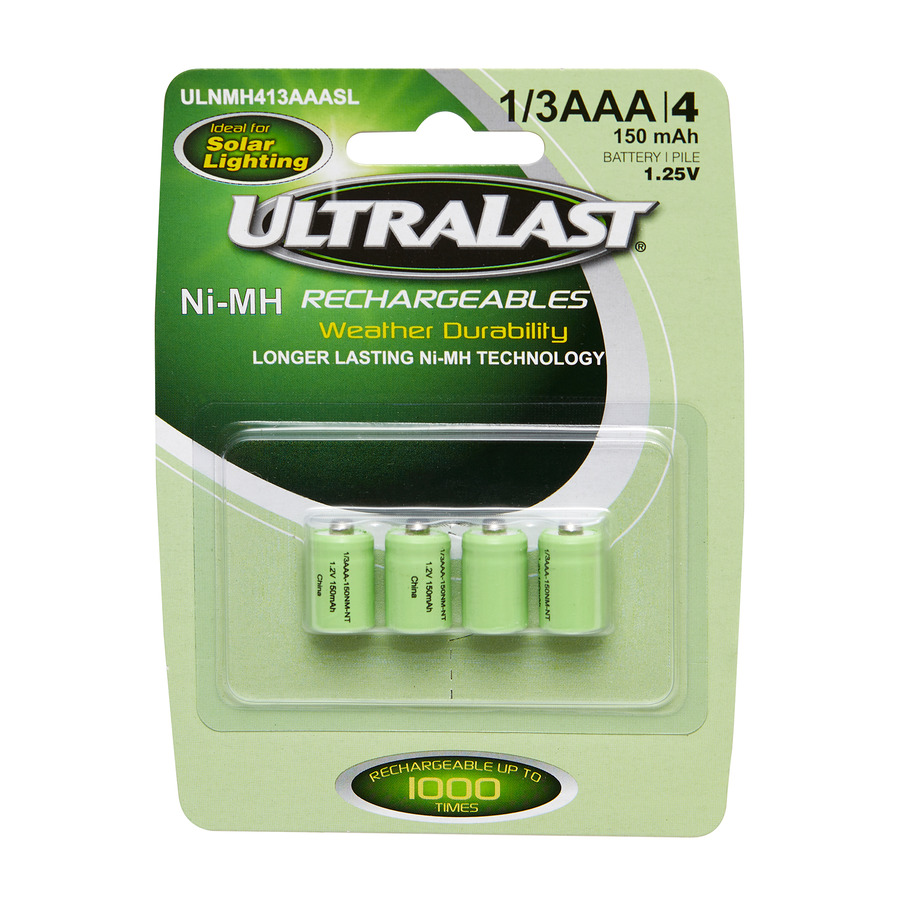 Ultralast ULNMH413AAASL Solar Lighting Battery, 1.2V, Nickel Metal Hydride, Size: 1/3AA, 4/pk