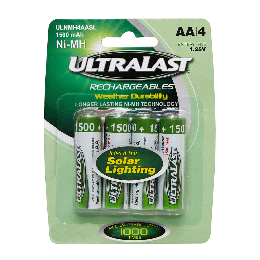 Ultralast ULNMH4AASL Solar Lighting Battery, 1.2V, Nickel Metal Hydride, Size: AA, 4/pk