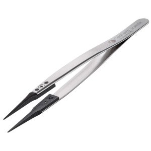 Ideal-Tek 709.CF ESD Full Plastic Tweezers, Style 709, Carbon Fiber, Angled, Very Fine, Flat, 4.5